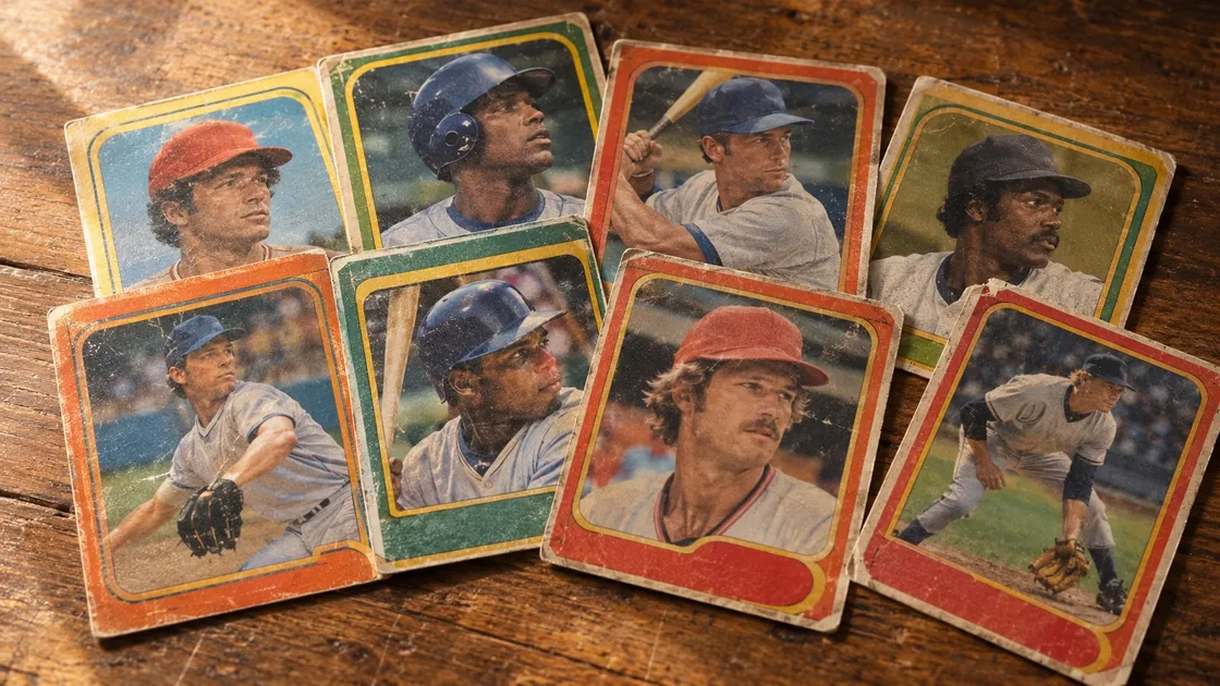 Eight worn 1970s-style baseball cards with orange, green, red and yellow borders spread across a wooden table in warm afternoon light