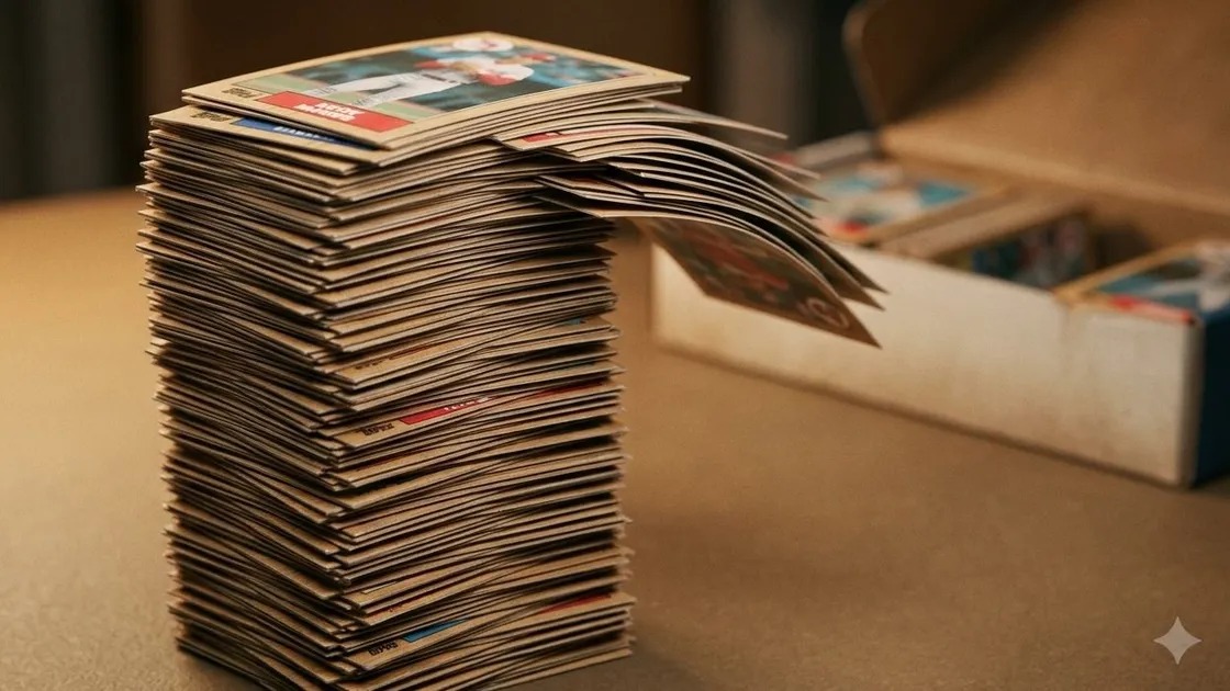 A tall stack of late-1980s baseball cards beside a box of more