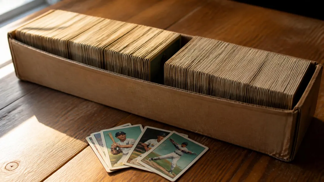 A long cardboard storage box packed with hundreds of vintage baseball cards standing on edge, with a few pulled out and fanned on the table in front