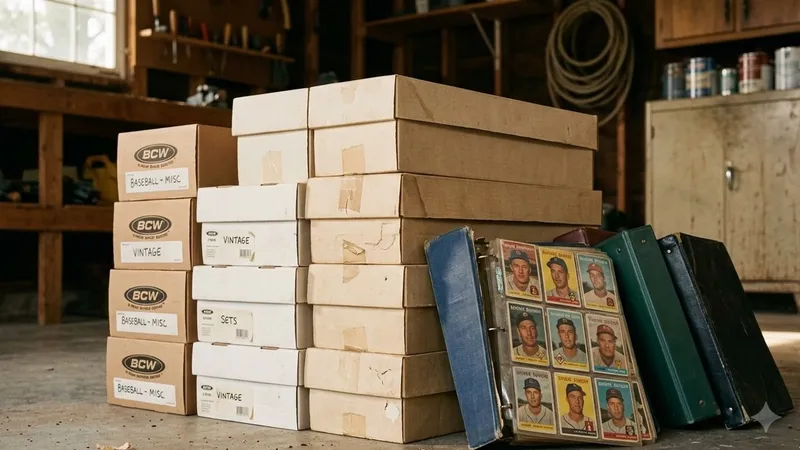 Stacked boxes and binders of baseball cards in a garage