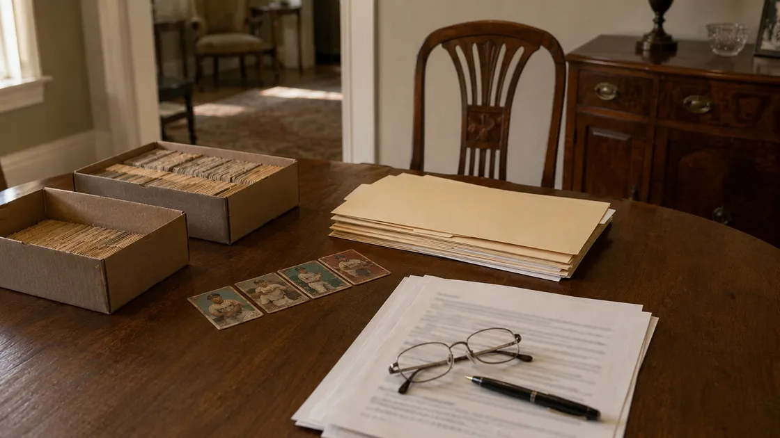 Two boxes of vintage baseball cards on a dining table beside manila folders, documents, reading glasses and a pen