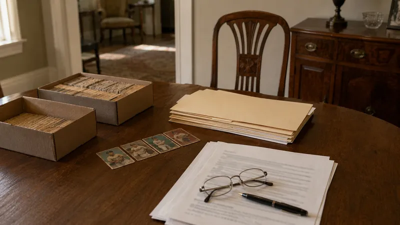 Two boxes of vintage baseball cards on a dining table beside manila folders, documents, reading glasses and a pen