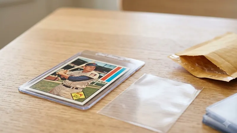 A baseball card in a top-loader beside a bubble mailer, ready to send
