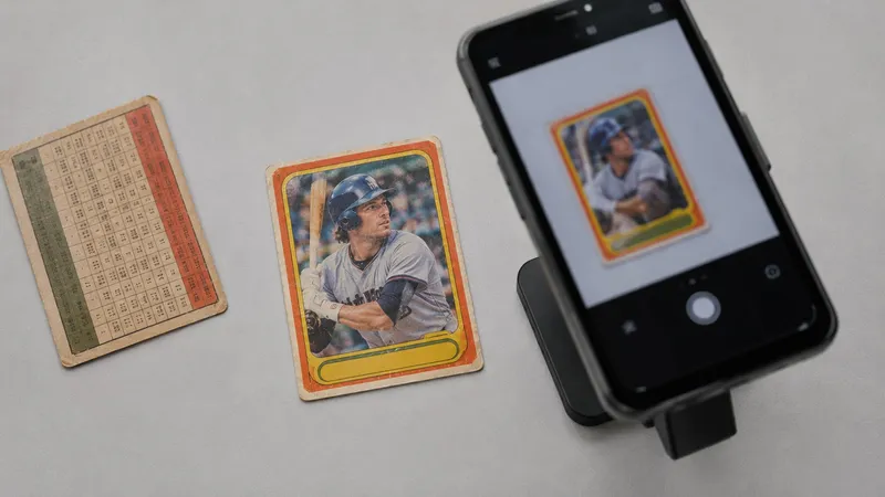 A vintage baseball card lying square on a plain grey surface beside a second card turned to show its back, with a phone on a stand framing the card on its screen