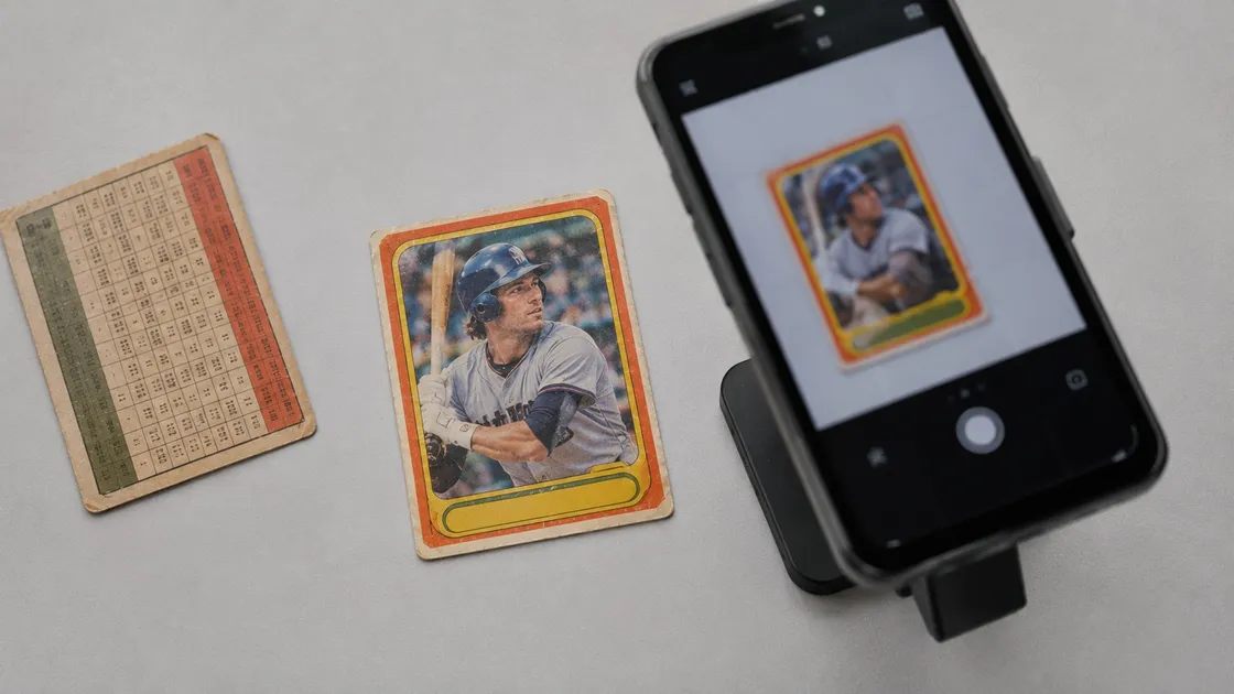 A vintage baseball card lying square on a plain grey surface beside a second card turned to show its back, with a phone on a stand framing the card on its screen