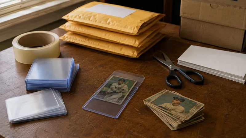 A home packing station with penny sleeves, top-loaders, tape, scissors and stacked bubble mailers, one vintage card in a top-loader
