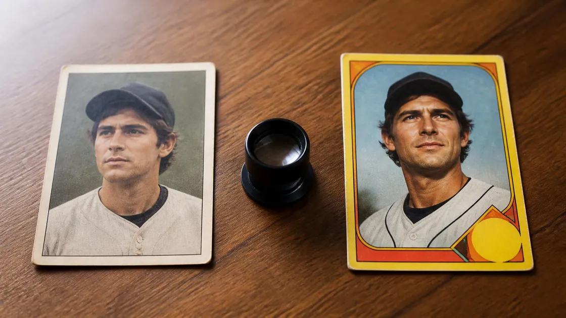 Two vintage baseball cards of the same player side by side on a wooden table, the earlier card plainer than the later one, with a loupe between them