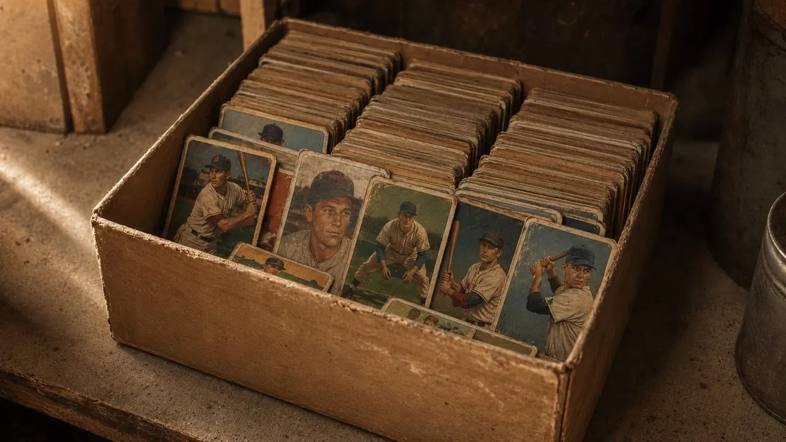 An old cardboard box full of vintage baseball cards in a garage