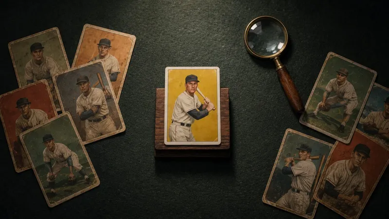 Vintage baseball cards spread out with one standout card and a magnifying glass