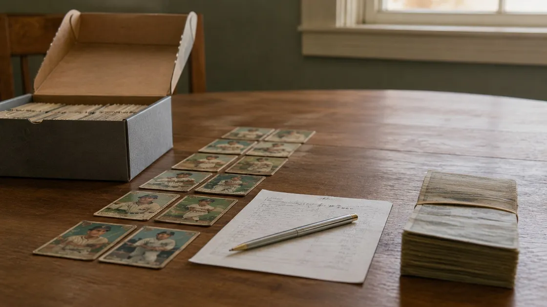 Vintage baseball cards laid out in rows on a wooden table beside an open box, a handwritten receipt and pen, and a banded stack of cash