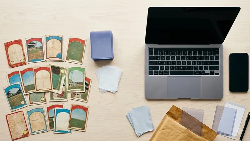 Vintage cards beside a laptop, phone, sleeves, and a shipping mailer