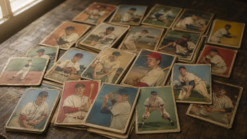 Vintage baseball cards spread across a wooden table by a window