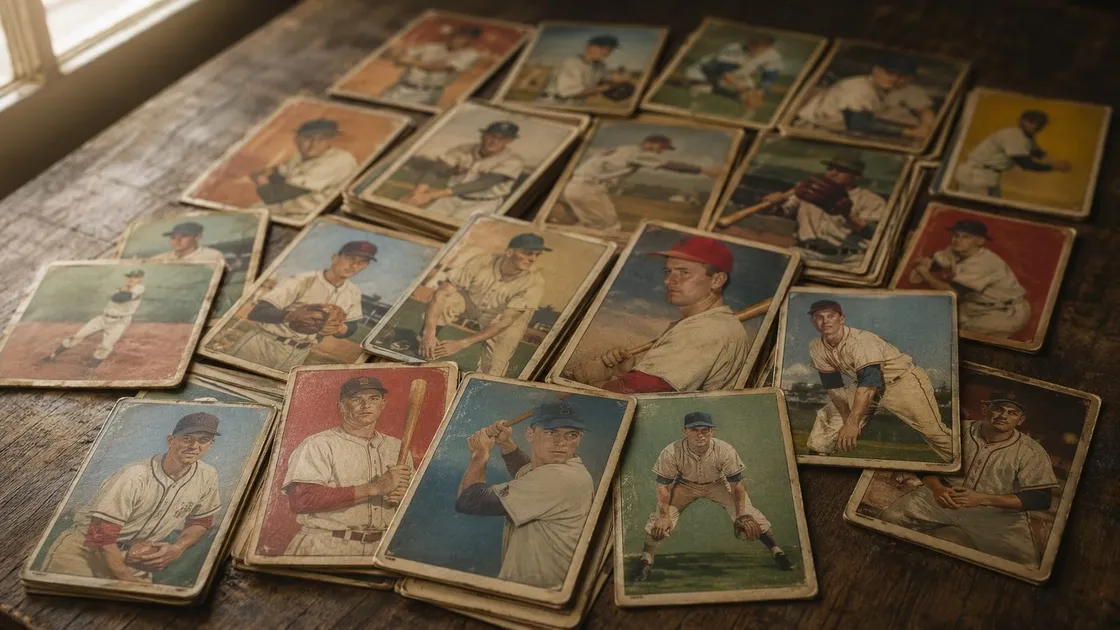 Vintage baseball cards spread across a wooden table by a window