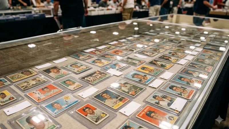 Vintage baseball cards displayed in a glass case at a card show
