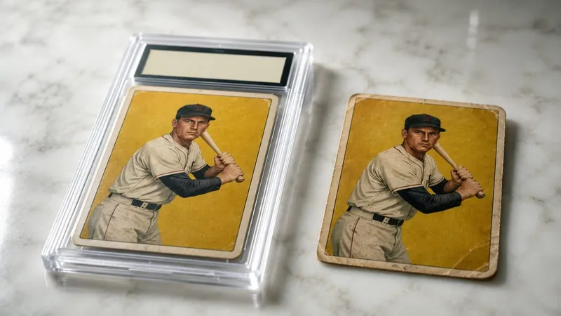 A graded baseball card in a slab beside the same card raw