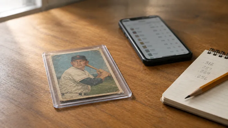 A vintage baseball card in a plastic top-loader on a wooden table beside a phone showing an indistinct list of results and a spiral notepad with figures written in pencil