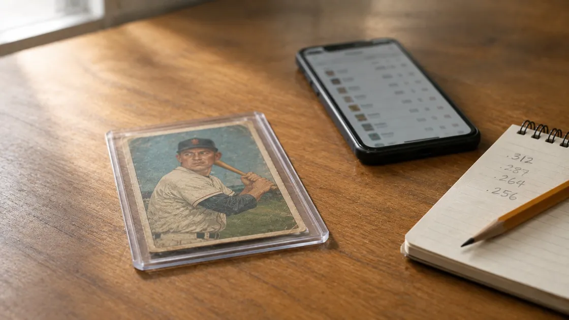 A vintage baseball card in a plastic top-loader on a wooden table beside a phone showing an indistinct list of results and a spiral notepad with figures written in pencil