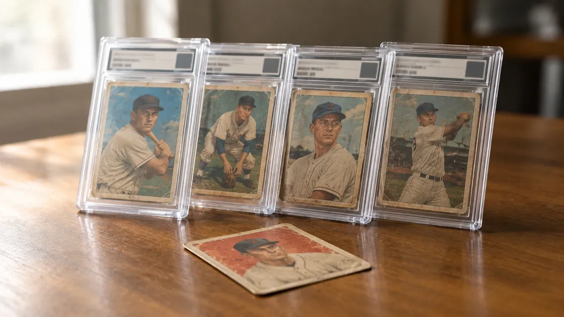 Four vintage baseball cards in sealed plastic grading holders standing in a row on a wooden table, with one loose raw card lying face up in front of them