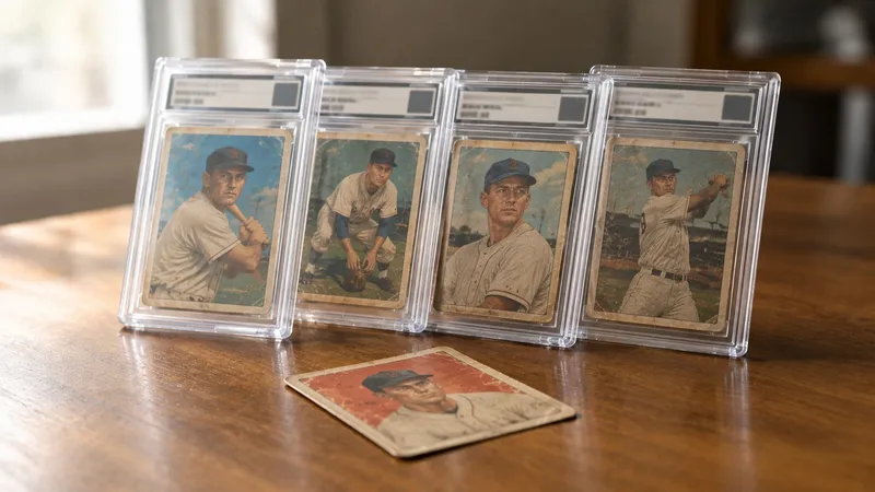 Four vintage baseball cards in sealed plastic grading holders standing in a row on a wooden table, with one loose raw card lying face up in front of them