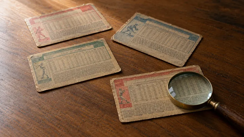 The printed backs of four vintage baseball cards laid on a wooden table showing statistic tables and fine print, with a brass magnifying glass resting on one