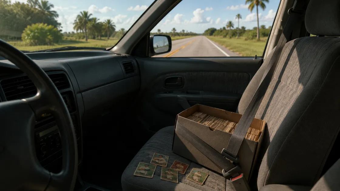 A box of vintage baseball cards belted into a car's passenger seat, a few cards laid on the seat beside it, a Florida road and palms through the windshield