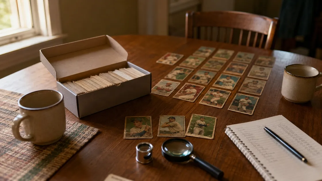 An open shoebox of vintage baseball cards on a kitchen table, rows of cards laid out beside a loupe, magnifying glass, notepad and two coffee mugs