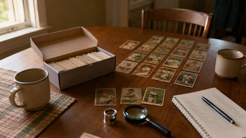 An open shoebox of vintage baseball cards on a kitchen table, rows of cards laid out beside a loupe, magnifying glass, notepad and two coffee mugs